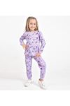 İSOB Lila Kedicik Desenli %100 Pamuk Kız Çocuk Pijama Takımı 3-8 Yaş 14302-L