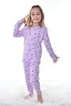 İSOB Lila Çiçek Desen Fitilli İnterlok Kumaş %100 Pamuk Kız Çocuk Pijama Takımı 8-12 Yaş 11316-L