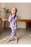 İSOB Lila Stitch Desenli Fitilli Kumaş %100 Pamuk Kız Çocuk Pijama Takımı 3-8 Yaş 31220-L