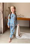 İSOB Mavi Bluey Desenli Fitilli Kumaş %100 Pamuk Kız Çocuk Pijama Takımı 3-8 Yaş 31221-M