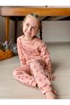 İSOB Pudra Kalp Desenli Fitilli Kumaş %100 Pamuk Kız Çocuk Pijama Takımı 3-8 Yaş 31218-P