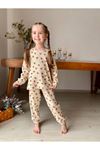 İSOB Bej Kalp Desenli Fitilli Kumaş %100 Pamuk Kız Çocuk Pijama Takımı 3-8 Yaş 31218-B