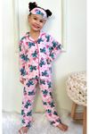 PJKÖ Stitch Desenli Pembe Uzun Kollu Önden Düğmeli Kız Çocuk Pijama Takımı 4-12 Yaş 719U