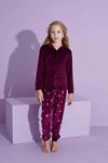 TARP Bordo Kadife Önden Düğmeli Kız Çocuk Pijama Takımı 5-15 Yaş 2799-2800-B