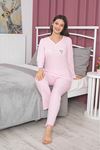 MLALE Pembe İnce Fitilli Raporlu İnterlok Bayan Pijama Takımı 5152-P