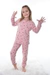 İSOB Gül Kurusu Çiçek Desen Fitilli İnterlok Kumaş %100 Pamuk Kız Çocuk Pijama Takımı 8-12 Yaş 11316-GK