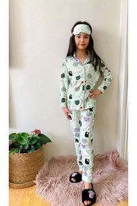 1+1PJKÖ Kedicik Desenli Su Yeşili Uzun Kollu Önden Düğmeli Kız Çocuk Pijama Takımı 4-6 Yaş 0552U